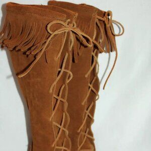 Minnetonka 1422 Chestnut Brown Suede Fringe Lace Up Tall Moccasin Boots Sz 4